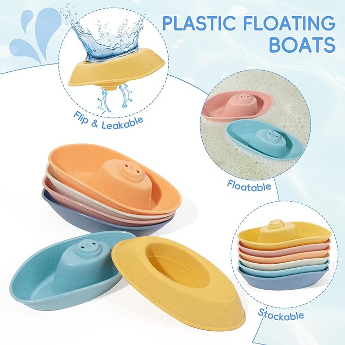 Baby Bath Toys for Kids Ages 1-3,16 Pack Toddlers Bath Toy for 2-4 Mold Free Stackable Boats & Spoons, Easy-Clean & Squeezable Silicone Bath Toys for Babies 6-12 Months Bathtub Water Pool Toys