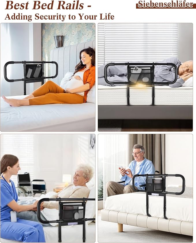 Bed Rails for Elderly Adults Safety, Extended Bed Assist Rail for Seniors with Motion Sensor Light - Adjustable Side Bed Guard Rails Handle Support Bar with Storage Bag, Fit King Queen Full Twin