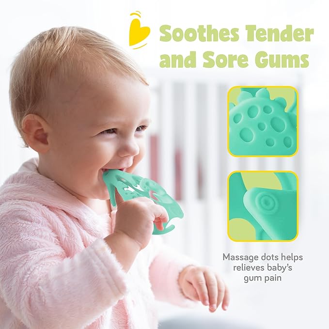 Dinosaur Baby Teething Toys, Textured Sensory Toys for Babies, Lightweight Soft Baby Sensory Toys, BPA-Free Silicone Infant Teething Toys, 0-18 Months, Teething Baby, Easy to Clean - Kiwi Green