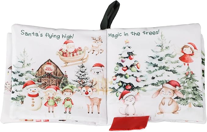 Ali+Oli Baby Cloth Book – Soft Sensory Crinkle Book with Teether for Infants 0-12 Months – Early Learning Touch & Feel Tummy Time Toy – Newborn Shower Gift for Boys & Girls - Christmas Friends