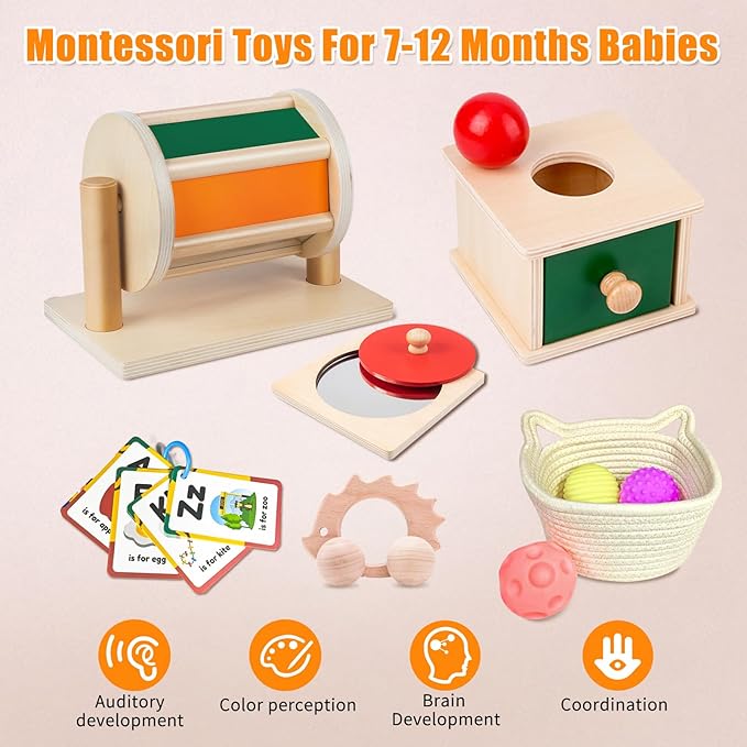 Montessori Educational Toys for Babies 7-12 Months, 7 in 1 Early Learning Educational Kit for Toddlers Gifts, Includes Spinning Drum, Permanent Box, Red Mirror Knob Puzzle, Hedgehog Rattle and More