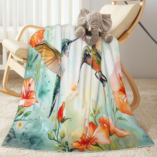 Baby Blanket Hummingbird Flower Watercolor for Boy Girl Newborn 30x40 Inch Toddler Infant Nursery Throw Blankets Double Layer Comfy Soft Plush Stroller Crib Quilt
