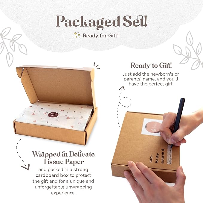 Mikito Organic Cotton Newborn Gift Box, Unisex Baby Gift Set incl. Muslin Lovey Comforter + Bandana Bib + Wooden Teether + Birth Announcement Sign