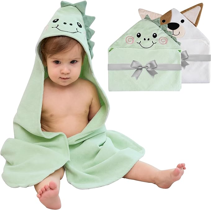 Mooreeke 2 Pack Toddler Towels - 100% Cotton Toddler Hooded Towels - Soft Baby Bath Towel with Hood for Newborn - Comfort Towel for Baby Girls and Boys - Animal Shaped (Puppy & Dinosaur)