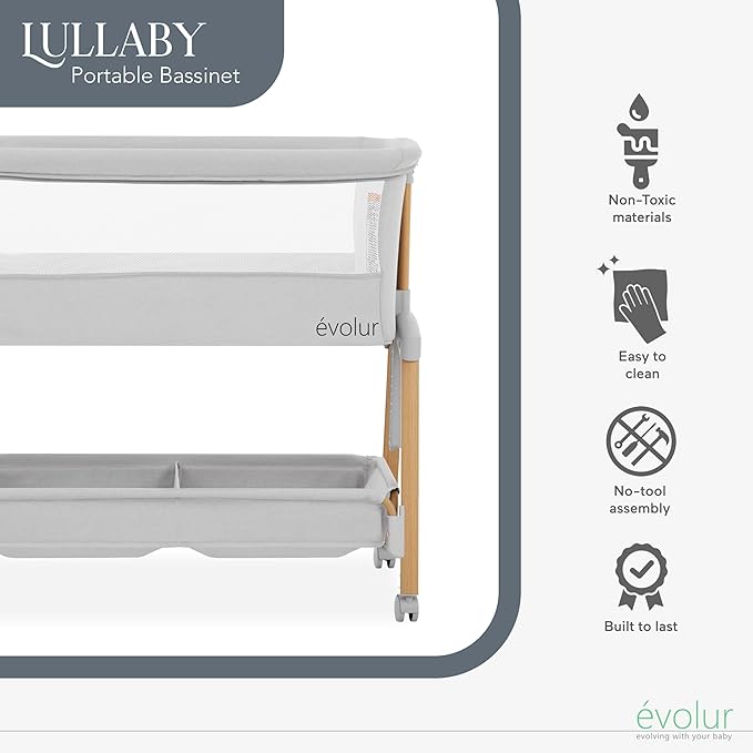 Evolur Lullaby Portable Bassinet with Wheels | Adjustable Bedside Sleeper, Breathable Mesh Sides, Large Storage Basket, Easy Fold, and Travel Bag Included | Perfect for Newborns & Infants