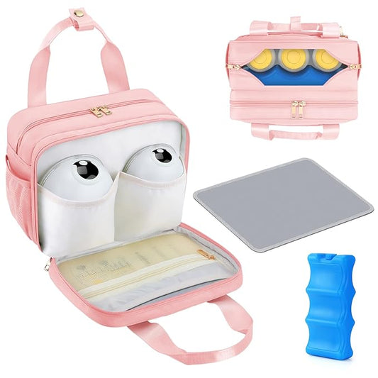 PIIOSER Breastmilk Cooler Bag with Ice Pack, Compatible with Wearable Breast Pumps & Accessories - Portable Pumps Carrying Case for Nursing & Working Moms, Pink