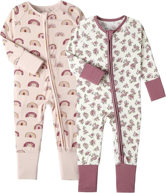 OPAWO Viscose from Bamboo Baby Pajamas Girl 2pack Mittens Cuff 2 Way Zipper Soft Footless Sleeper Baby Boy One-Piece Romper