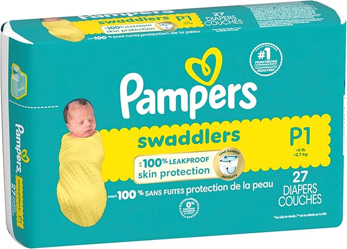 Pampers Baby Diapers - Swaddlers - Size P1, 27 Count, Ultra Absorbent Disposable Preemie Diaper