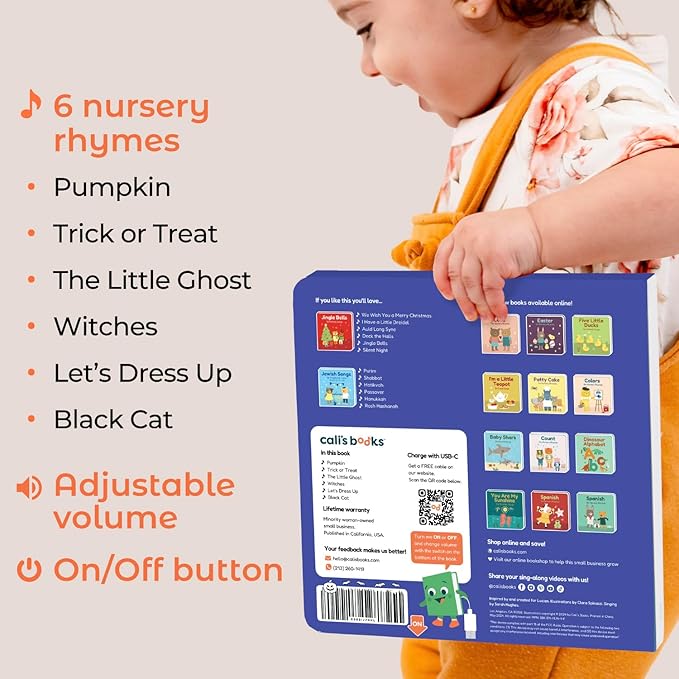 Cali's Books Halloween Books for Kids - Glow in The Dark Musical Book for Toddlers 1-3, Halloween Toys Singing Music Book, USB-C Rechargeable Baby Nursery Rhymes Learning Song Toy for 2 Year Old
