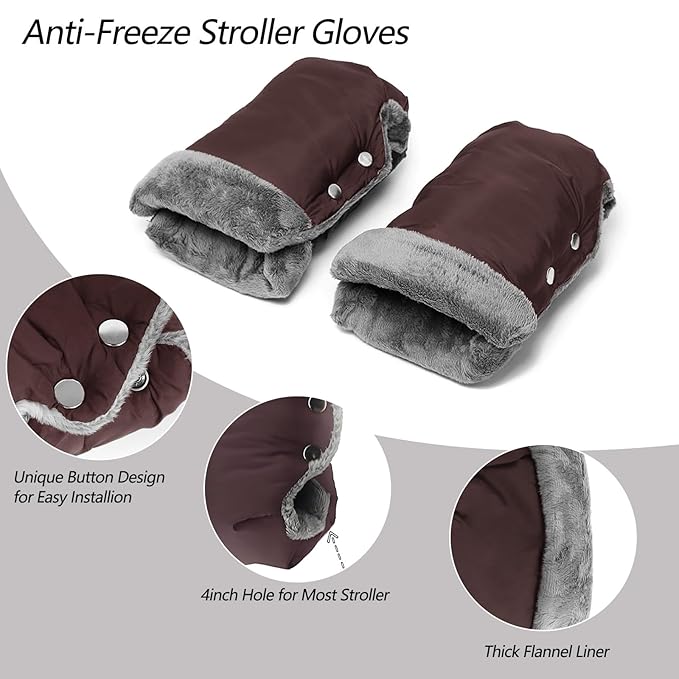 Baby Stroller Gloves, Extra Thick Stroller Hand Muff Winter Waterproof Stroller Mittens Universal Anti-Freeze Gloves for Parents Caregivers Carriage (Coffee)