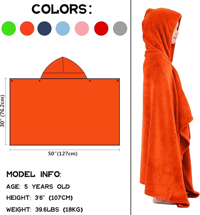 Hiturbo Kids Fleece Hooded Bath Towel: Soft Plush Pool Beach Towel Blanket - 50"x30" Toddler Towels Wrap for Boys Girls 3-12 Years (Orange)