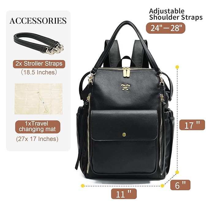 Miss Fong Leather Diaper Backpack - Baby Diaper Bag with 13 Pockets, Changing Pad, Stroller Straps, 4 Insulated Pockets (Black)