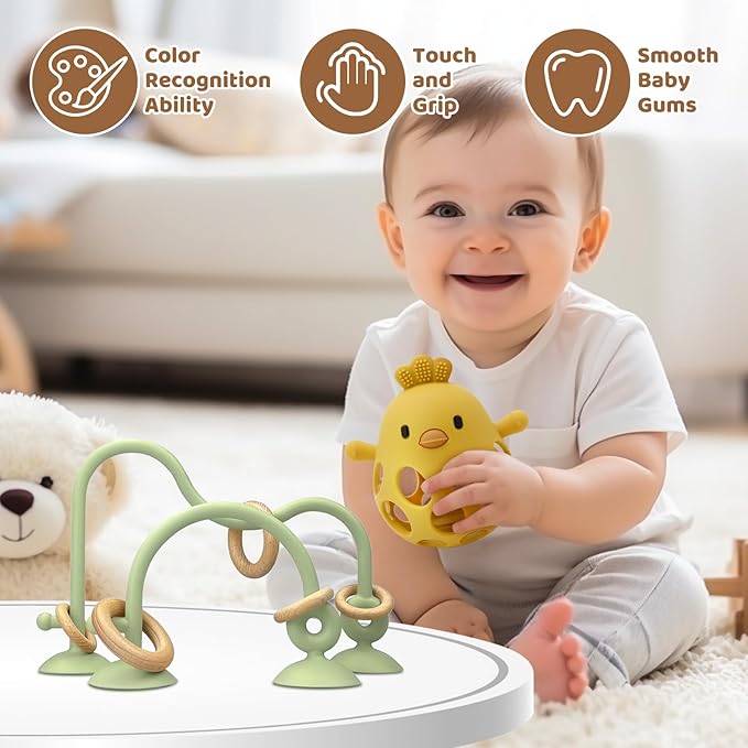 Baby High Chair Toys Teething Chew - Baby Table Toys, High Chair Suction Toy Teething Toys Silicone Teethers, Food Grade Silicon for 6 12 18 Months (Green Yellow)