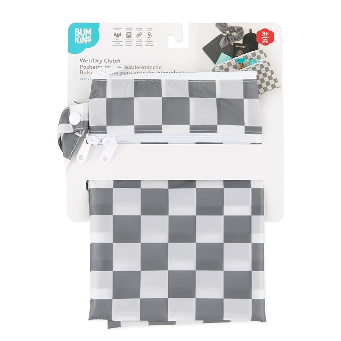 Bumkins Waterproof Wet Dry Clutch Bag for Baby, Travel, Swim Suit, Cloth Diapers, Pump Parts, Pool, Gym Clothes, Toiletry, Strap to Stroller, Daycare, Zip Reusable Bag, Packing Pouch, Gray Check