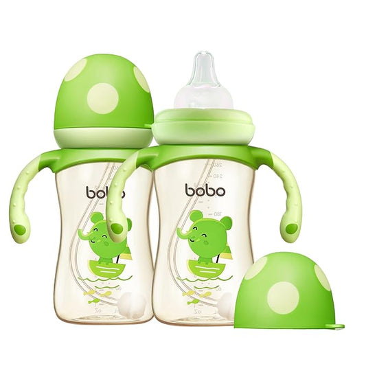 YOHKOH Natural PPSU Baby Bottle with Natural Response Nipple, Newborn Anti-Colic Baby Bottles with Handle, Wide Neck Mushroom Cap Baby Bottle (8.8oz (Pack of 2), Green)