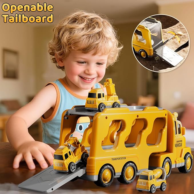 Construction Truck Toys Set for Kids Aged 1 2 3 4 5 6 7 8, Truck Playset with Toy Cars, Light and Sound, Movable Parts Construction Toys for Toddlers, Birthday Gifts for Boys Girls 2-4 4-7
