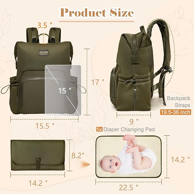 miss fong Diaper Bag Backpack - Baby Diaper Bag Neoprene Bag Large Capacity Neoprene Backpack with Diaper Changing Pad with 12 Pockets for Mom & Dad -Green