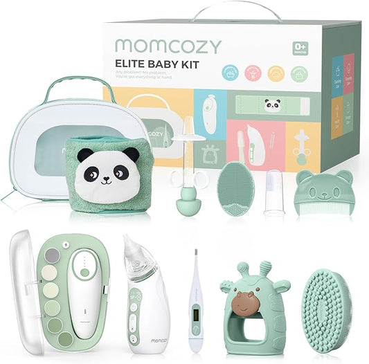 Momcozy Elite Baby Kit, Superior Baby Shower & Registry Essential Kit for Grooming & Health & Cleansing Care, Electric Nail File & Nasal Aspirator,Tummy Wrap,Thermometer,Bath Brush,Teether,Storage Bag