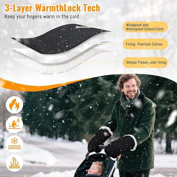 KAKIBLIN Winter Stroller Gloves, Hand Muff for Cold Weather, Universal Ultra-Plush Winter Stroller Mittens for Baby Parents, Warm Waterproof Windproof Strollers Glove Accessories(Black)