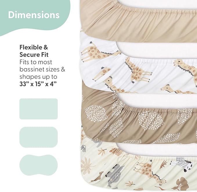 The Peanutshell Baby Bassinet Sheets 4-Pack - Soft, Oval & Fitted Baby Girls or Boys Sheet, Rectangle, Fitted Covers for Crib, Halo Bassinet Mattress - Safari Neutral