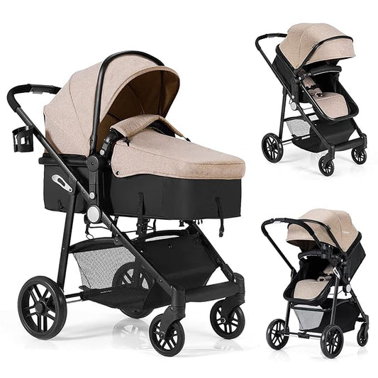 BABY JOY Baby Stroller, 2 in 1 Convertible Carriage Bassinet to Stroller, Pushchair with Foot Cover, Cup Holder, Large Storage Space, Wheels Suspension, 5-Point Harness (Light Coffee)