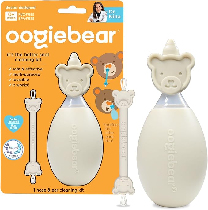 oogiebear BearPair Silicone Bulb Baby Nasal Aspirator and Ear & Nose Syringe, Safely Sucks Snot and Removes Mucus, Cleanable and Reusable, Grey