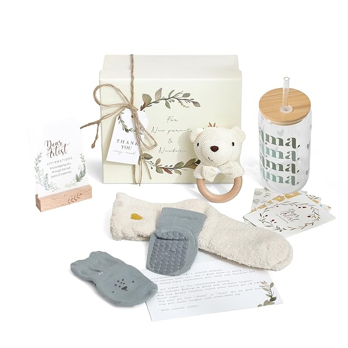 New Mom & Baby Gift Basket | Pregnancy & Baby Shower Gifts for First-Time Moms | Green Mama Glass Tumbler & Teddy Bear Rattle Set