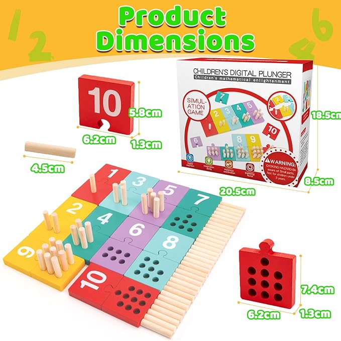 TEUVO Counting Pegs Board Montessori Toys for Kids Aged 3 4 5 6 Years Old, Wooden Early Math and Number Digital Plunger Manipulatives Materials Game for Toddlers Home Kindergarten Daycare Classroom
