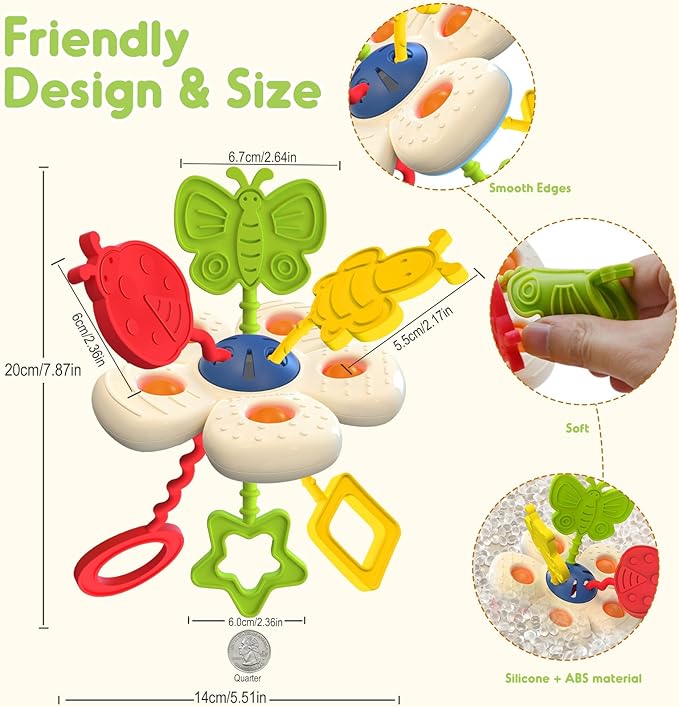 Baby Sensory Montessori Toy for 6-12-18 Months, Soft Silicone Popper Pull String Teething Travel Toys for Car Seat, Toddler Learning Early Develop for Infant 1 2 Boys Girls Christmas Birthday Gifts