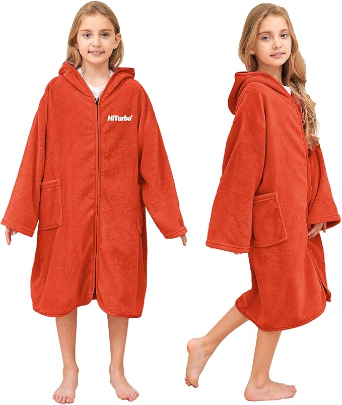 Hiturbo Kids Bath Towel Hoodie: Soft Plush Zipper Surf Poncho - Warm Fleece Changing Towels Swimming Outerwear (Orange)