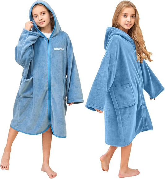 Hiturbo Kids Bath Towel Hoodie: Soft Plush Zipper Surf Poncho - Warm Fleece Changing Towels Swimming Outerwear (Blue)