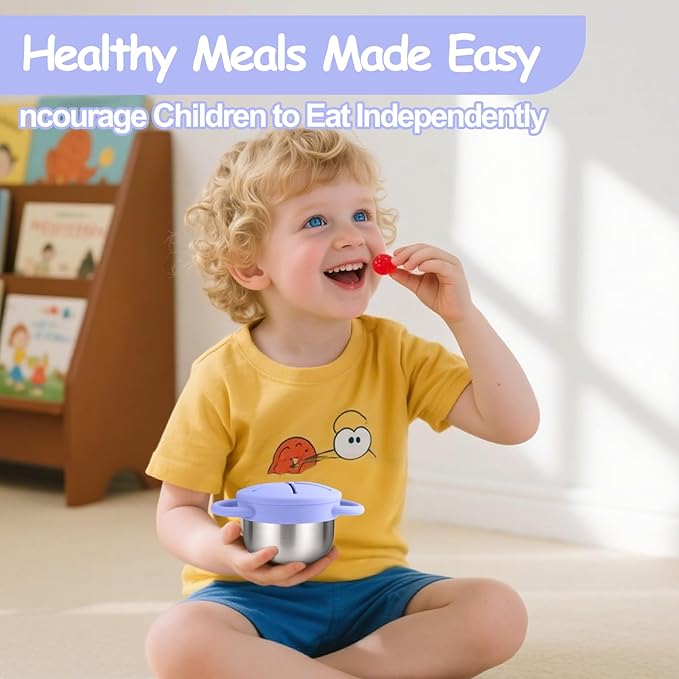 2-Pack Stainless Steel Snack Containers for Kids with Spill-Proof Silicone Lids & Handles - 3-in-1 Baby Snack Cups, No-Spill Toddler Snack Box, Perfect for On-the-Go Healthy Eating(Blue+Purple)