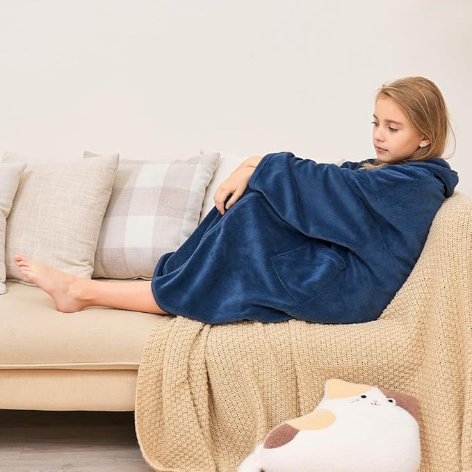 Hiturbo Kids Bath Towel Hoodie: Soft Plush Zipper Surf Poncho - Warm Fleece Changing Towels Swimming Outerwear (Navy)