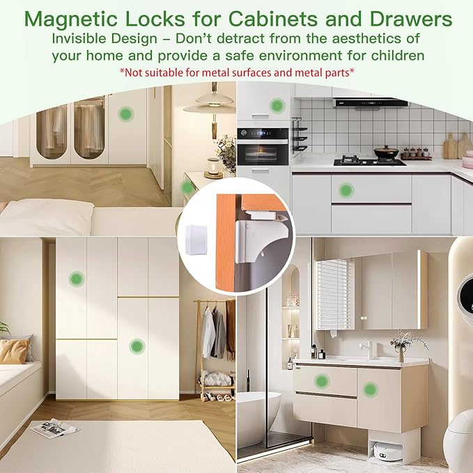 32 Pack Vkania Magnetic Cabinet Locks Baby Proofing - Baby Safety Latches for Drawers and Cabinets -Easy Installation No Drilling