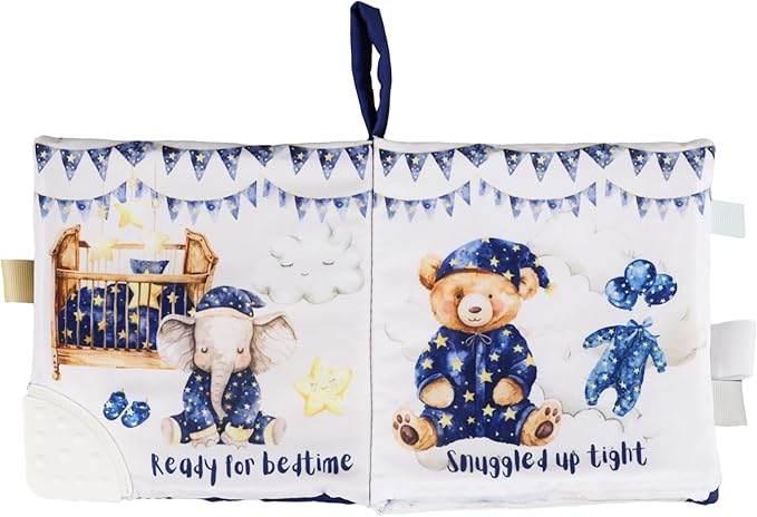 Ali+Oli Baby Cloth Book – Soft Sensory Crinkle Book with Teether for Infants 0-12 Months – Early Learning Touch & Feel Tummy Time Toy – Newborn Shower Gift for Boys & Girls - Good Night