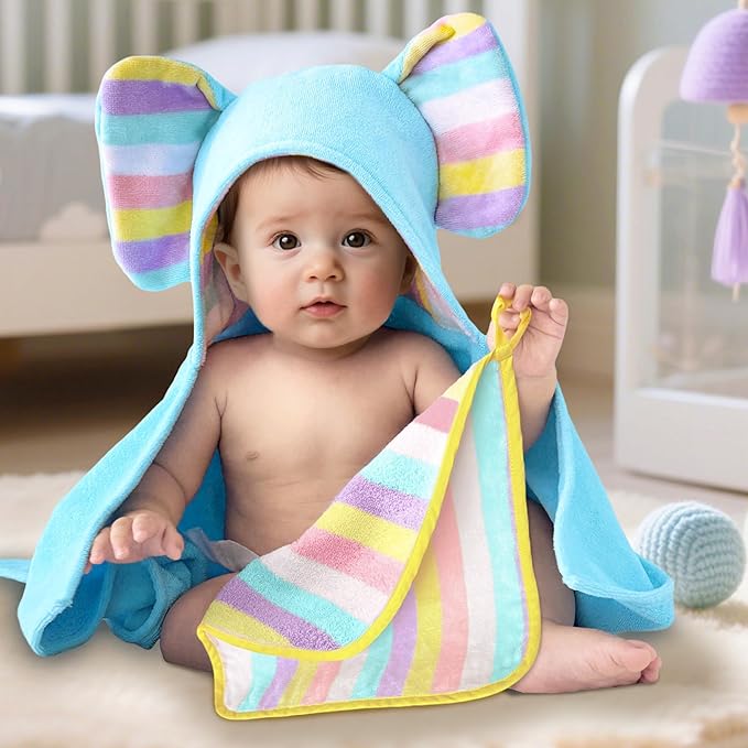 Thick Baby Hooded Bath Towel - 100% Cotton,500GSM, 33x31.5 Inches,0-2Years, Super Absorbent Large Towel with Cute Elephant Ears Hood for Newborn,Toddler,infant,Baby Essentials,Light Blue Blue