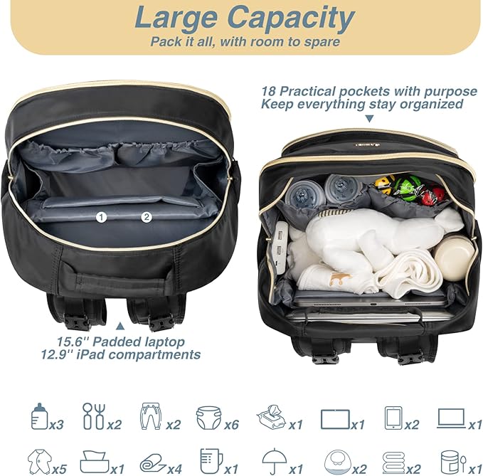 MOMUVO Diaper Bag Backpack, Quilted Baby Bag with Changing Pad & Stroller Straps & Pacifier Case, Large Travel Diaper Bags for Mom Dad, Black