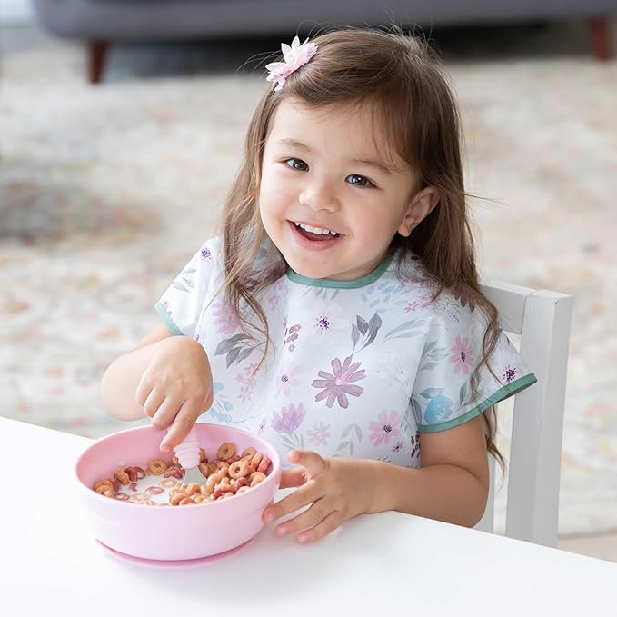 Bumkins - Junior Bib - For Boys & Girls, Toddlers & Kids 1-3 Years - Lightweight, Durable, Waterproof - Short Sleeve Bib - Catch-All Pocket - Wipeable & Machine Washable - Floral & Lace - 2 Pack