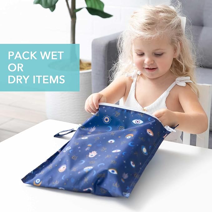 Bumkins Waterproof Wet Bag for Baby, Travel, Swim Suit, Cloth Diapers, Pump Parts, Pool, Beach, Gym Clothes, Toiletry, Hook to Stroller, Daycare, Zipper Reusable Wetdry Packing Pouch, Evil Eye
