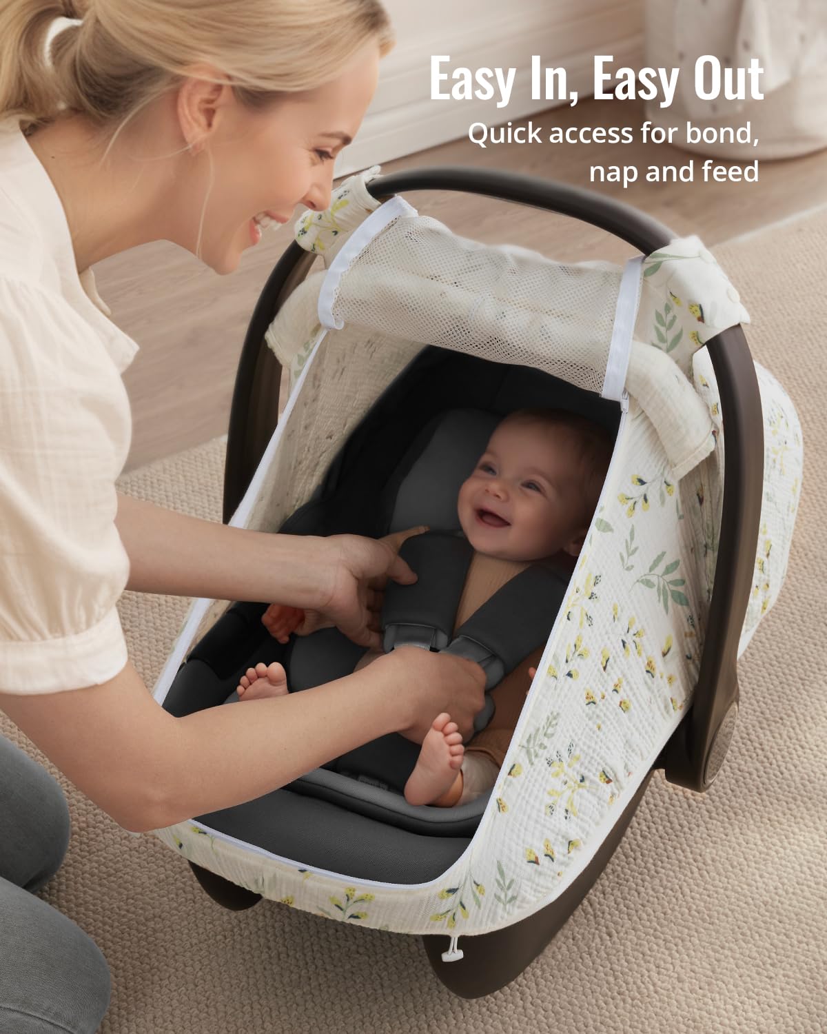 Blissful Diary Baby Car Seat Cover, Extra Large Mesh Window, Breathable Muslin Cotton, Infant Windproof Canopy, Must-Have Baby Gift - Roman Green