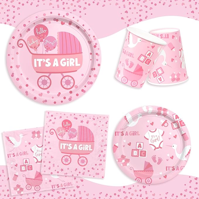 Baby Girl Shower Decorations for 24 Guests - It’s A Girl Decorations Kit Including Disposable Plates, Napkins, Cups, Tablecloth & Banner for Baby Shower Decorations Girl