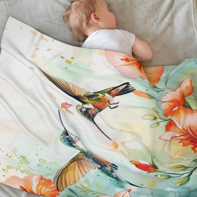 Baby Blanket Hummingbird Flower Watercolor for Boy Girl Newborn 30x40 Inch Toddler Infant Nursery Throw Blankets Double Layer Comfy Soft Plush Stroller Crib Quilt