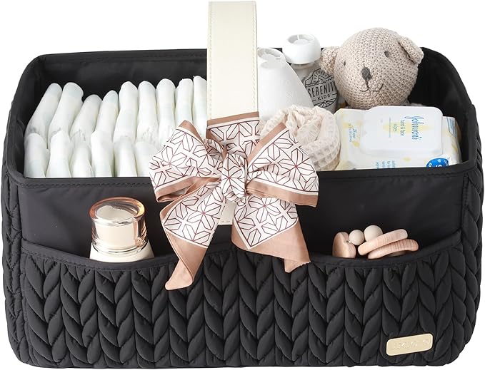 Luxurious Baby Diaper Caddy, Nursery Storage Basket for Newborn Essentials, Travel Baby Basket for Diapers Baby Wipes, Organizer Tote Bag Storage Bin, Baby Shower Gifts(black)