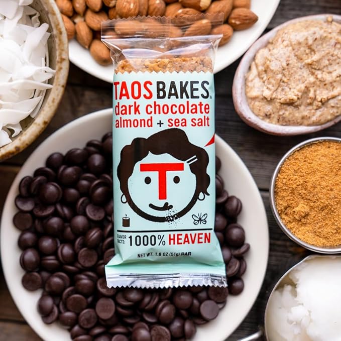 Taos Bakes - Snack Bars - Dark Chocolate Almond + Sea Salt - Protein Bars - 8g of Protein, High Fiber, Vegan, Gluten Free, & Non-GMO - Healthy Snacks for Adults & Kids - (12 Pack, 1.8oz Bars)