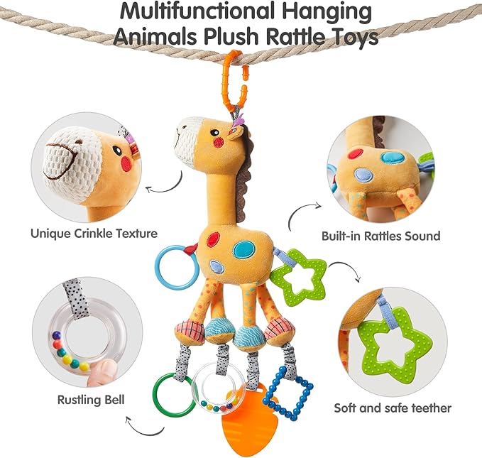 TUMAMA Hanging Toys, 16 inch Plush Animals Baby Rattle, Car Seat Stroller Toys, 2 Pack, Newborn - 12 Months, 2 x Plush Animal Hanging Toys (Giraffe, Zebra), Rings, Built-in Rattles and Crinkles