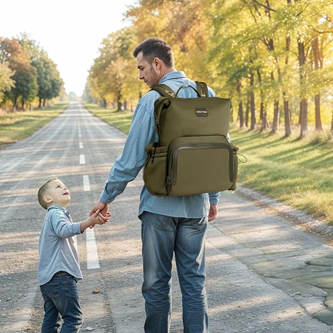miss fong Diaper Bag Backpack - Baby Diaper Bag Neoprene Bag Large Capacity Neoprene Backpack with Diaper Changing Pad with 12 Pockets for Mom & Dad -Green