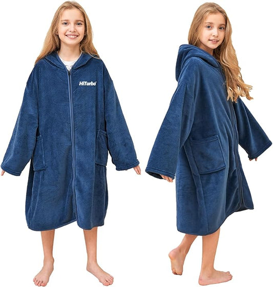 Hiturbo Kids Bath Towel Hoodie: Soft Plush Zipper Surf Poncho - Warm Fleece Changing Towels Swimming Outerwear (Navy)