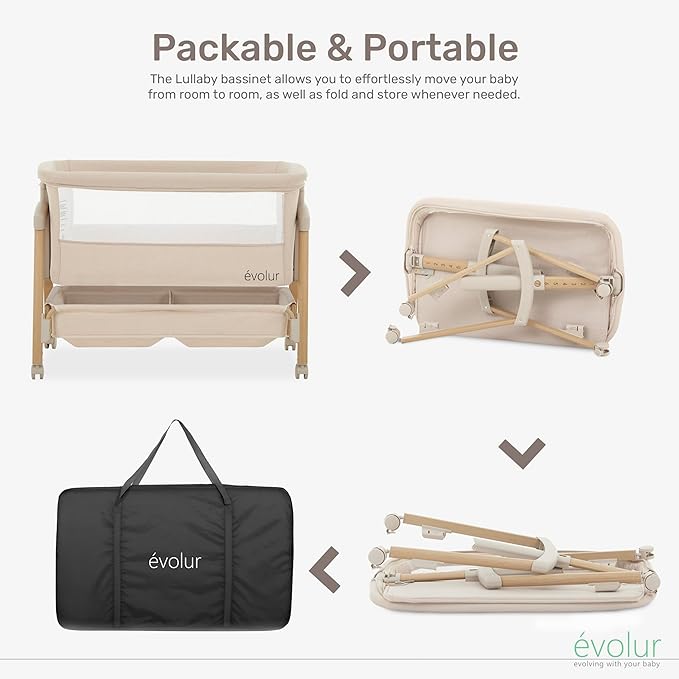Evolur Lullaby Portable Bassinet with Wheels | Adjustable Bedside Sleeper, Breathable Mesh Sides, Large Storage Basket, Easy Fold, and Travel Bag Included | Perfect for Newborns & Infants