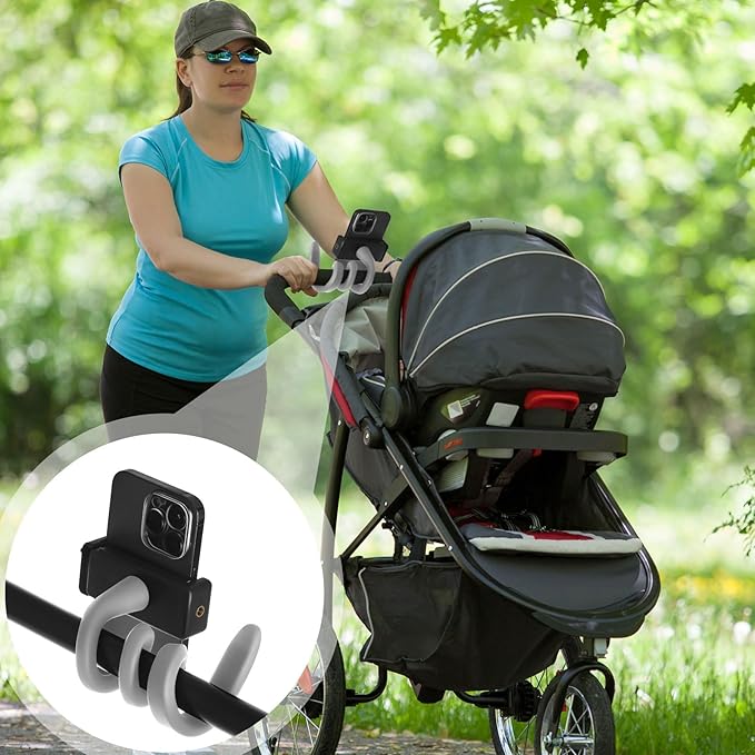 Amylove 2 Pcs Stroller Phone Holder Portable Cell Phone Holder Stand Universal Stroller Accessories for Parent Baby Toddler Cellphone Clamp with Non Slip Silicone Arm Grip(Grey, White,Novel)