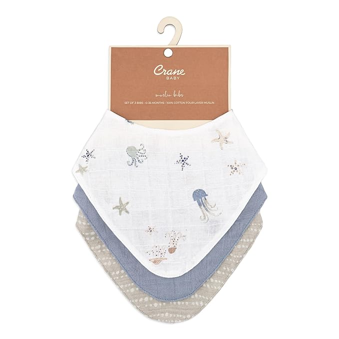 Crane Baby Bib Set, 100% Cotton Baby Bibs, Set of 3 Sea Life Cotton Muslin Bibs, Bandana Bibs Baby Bibs For Eating, Baby Eating Essentials, Drool Bibs, Baby Boy or Baby Girl Gifts, Newborn Bibs